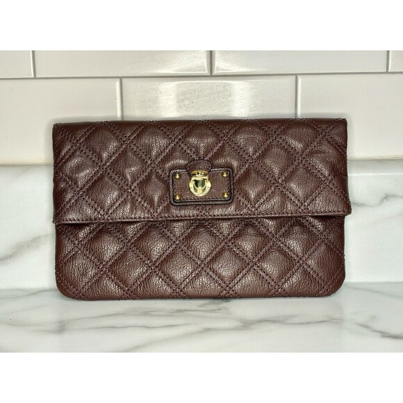 Marc Jacobs Quilted Leather Envelope Clutch Handbag Purse Bag Brown EUC‎ Gold - Picture 1 of 10